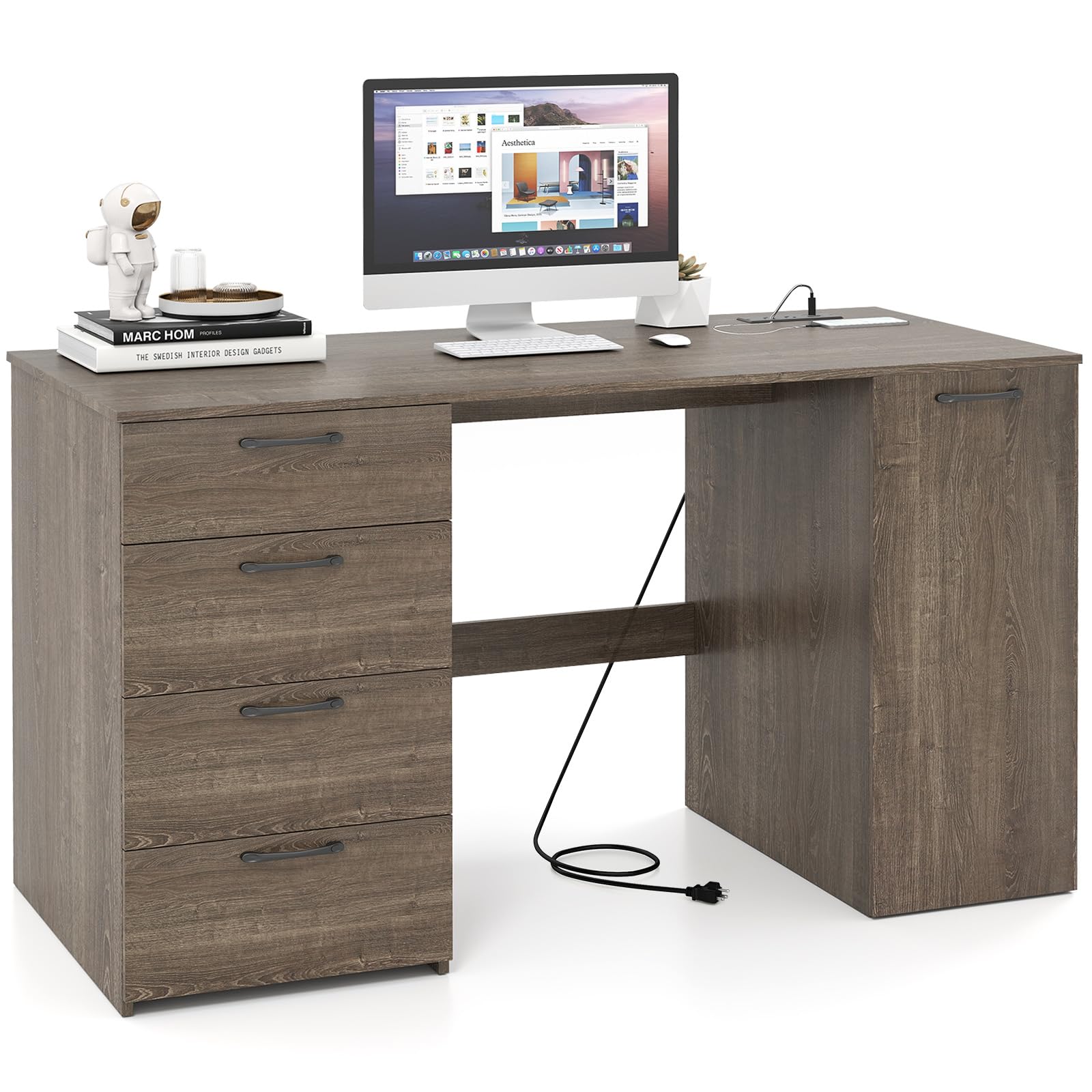 Tangkula Bureau Informatique de 53" avec 4 Tiroirs de Rangement